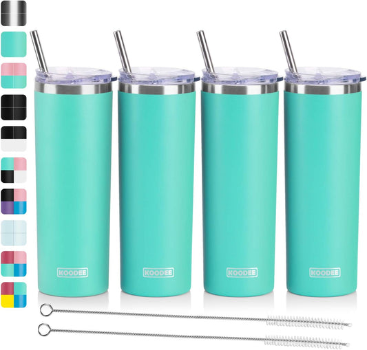 koodee 20 oz Stainless Steel Skinny Tumblers (4 Pack) Double Wall Insulated Water Tumbler Cup with Lids, Straws and Straw Brushes (Teal, 4 Pack)