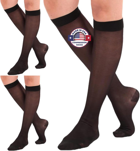 (3 Pairs - Closed Toe) Made in USA - Plus Size Compression Stockings for Women 15-20mmHg - Womens Sheer Compression Knee High for Varicose Veins, Swelling, Pain Relief - Black, 2X-Large - A101BL5-3