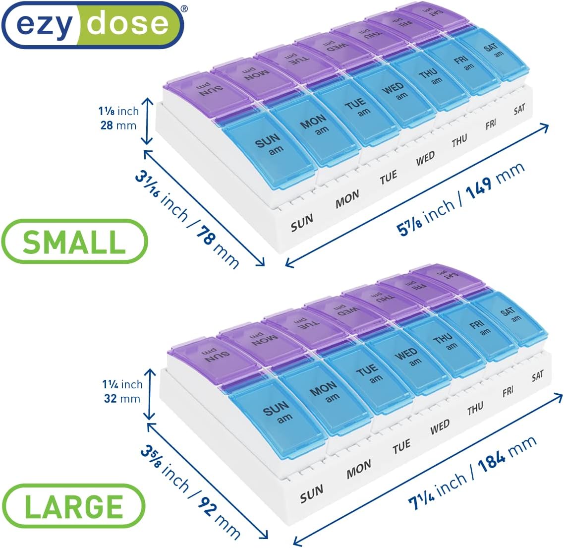 EZY DOSE Weekly (7-Day) AM/PM Pill Organizer, Vitamin and Medicine Box, Large Pop-out Compartments, 2 Times a Day, Blue and Purple Lids
