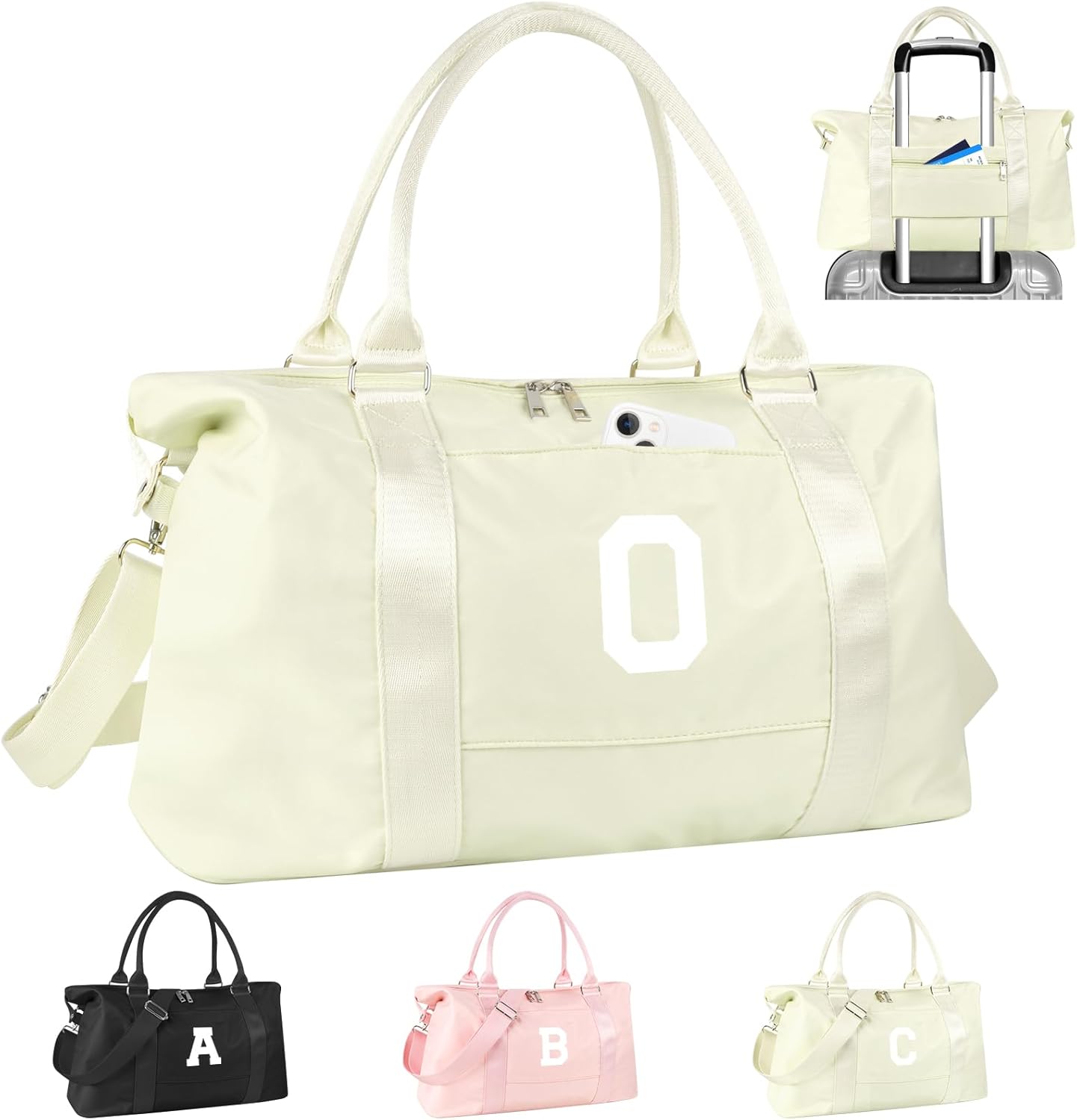 Initial Travel Duffel Bag Sports Gym Bag for Kids Teen Birthday Gifts,Beige Personalized Weekender Bag Carry On Dance Bags for Women Men,Waterproof Monogram Overnight Bag with Trolley Sleeve(Letter O)
