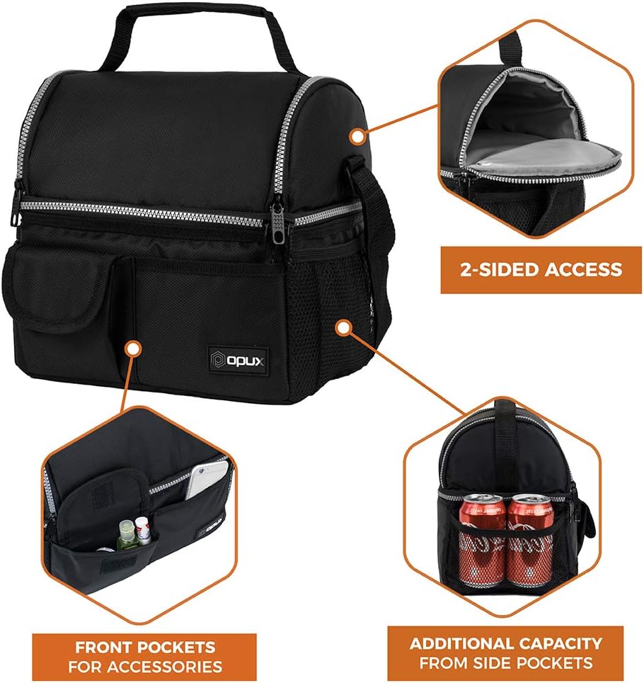 opux Lunch Box for Men, Adult Lunch Box Cooler, Insulated Lunch Bag Women, Dual Compartment Lunchbox for Work, Leakproof Double Decker Lunch Bag, Soft Lunch Pail Tote Boys Girls Kids School, Black