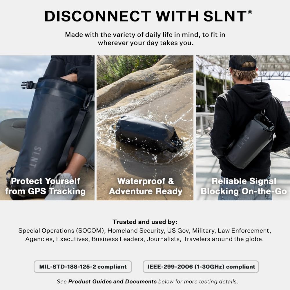 SLNT Waterproof Faraday Dry Bag - 420D Waterproof Nylon Signal Blocking Backpack - Protects Electronics from Water, Spying, Hacking - Blocks RFID, WiFi, Bluetooth, NFC, Cellular, GPS, EMF (10 Liter)