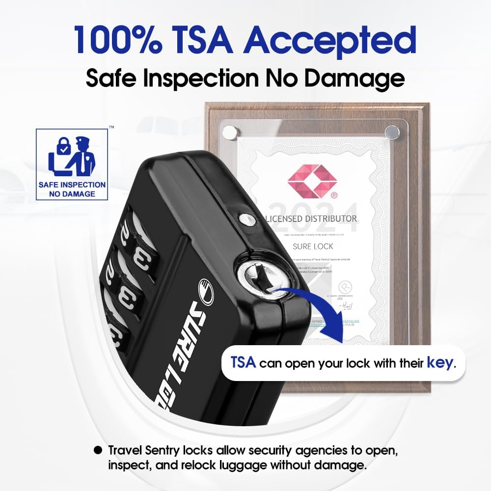 SURE LOCK TSA Approved 4-Digit Resettable Combination Luggage Locks with Open Alert, Easy-Read Dials - for Luggage, School Lockers, Gym, Office, Toolbox & Security Cases (Black 2 Pack)