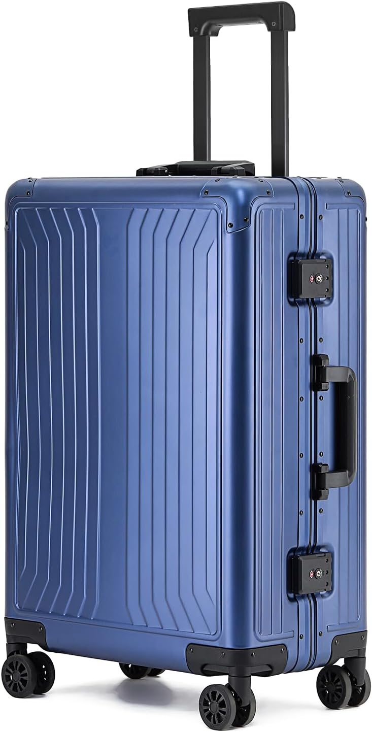 Metal all aluminum carry-on suitcase 20 "hard face, TSA lock and rotating wheel zippered luggage set (blue, 28 '')