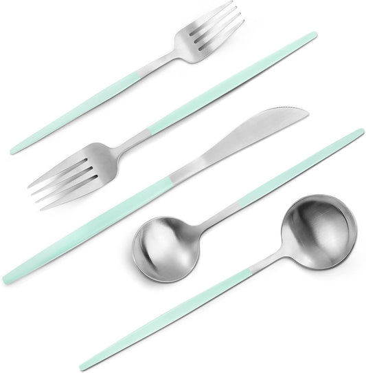 Matte Green Silver Silverware Set, 20-Piece Stainless Steel Flatware Set, Satin Finish tableware Cutlery Set, Service for 4, Home and Restaurant, Dishwasher Safe