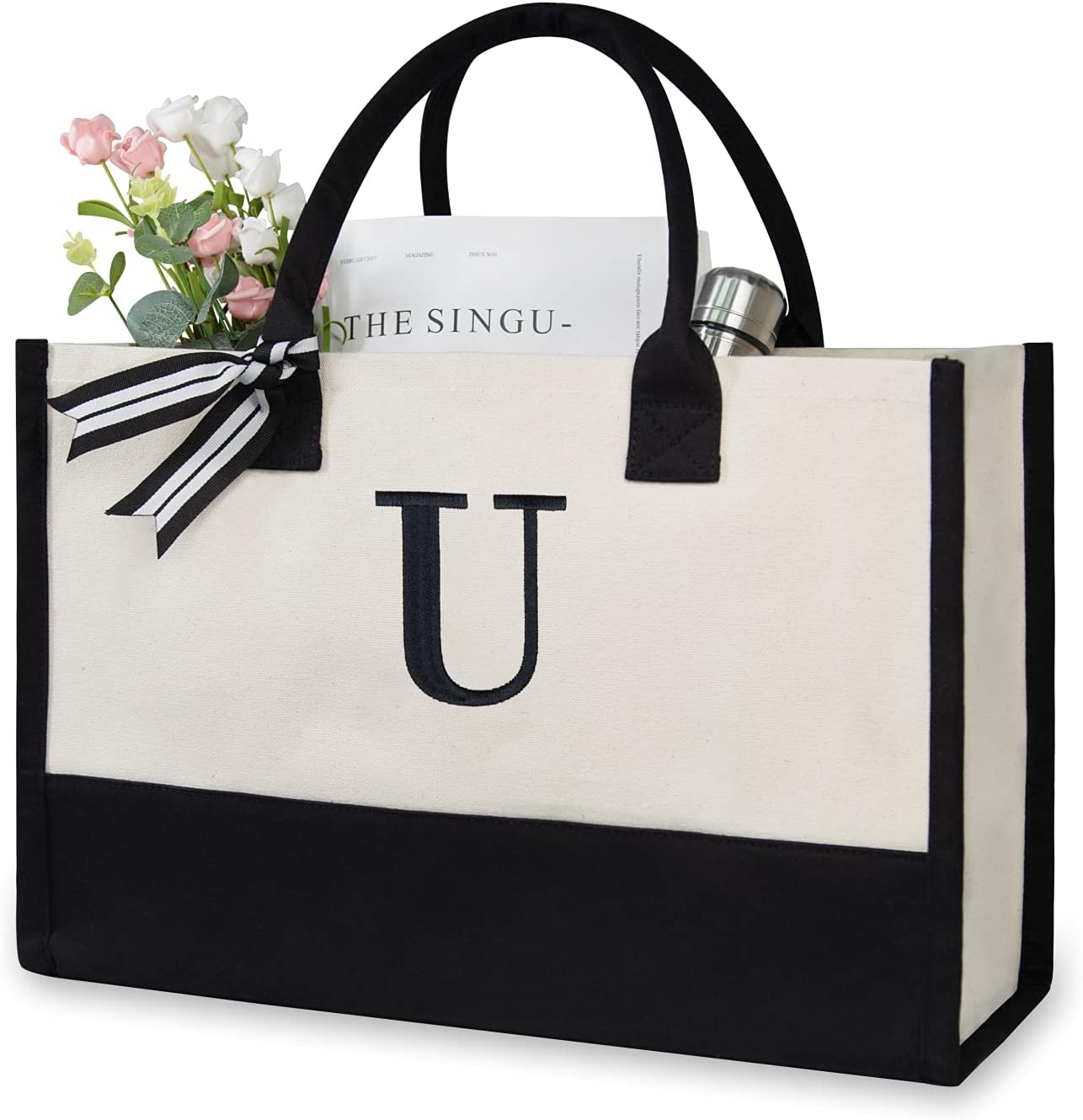 TOPDesign Embroidery Initial Canvas Tote Bag, Personalized Present Bag, Suitable for Wedding, Birthday, Beach, Holiday, is a Great Gift for Women, Mom, Teachers, Friends, Bridesmaids (Letter U)