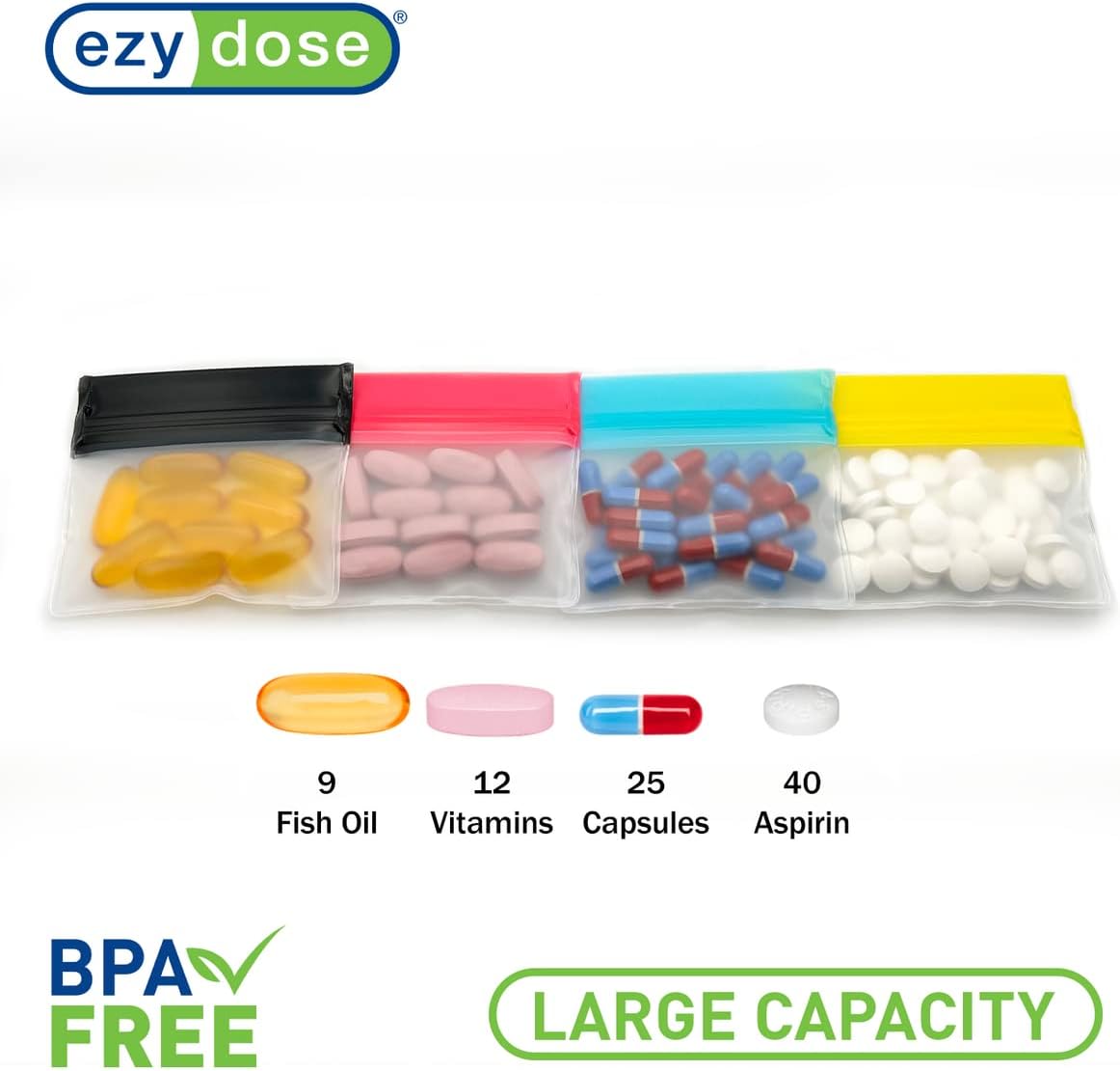 EZY DOSE Reusable 7-Day Pill Pouch Set, Durable Multi-Purpose Travel-Sized Containers, Includes Colors for Easy Identification, Large Storage, Clear, BPA Free, TSA Approved