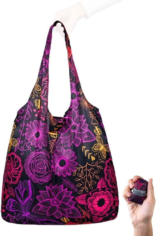Nanobag Ultra-Lightweight Foldable Tote for Women & Men, Reusable Grocery & Travel Bag, Packable Collapsible Compact Market Essential (Standard Neon Flowers)