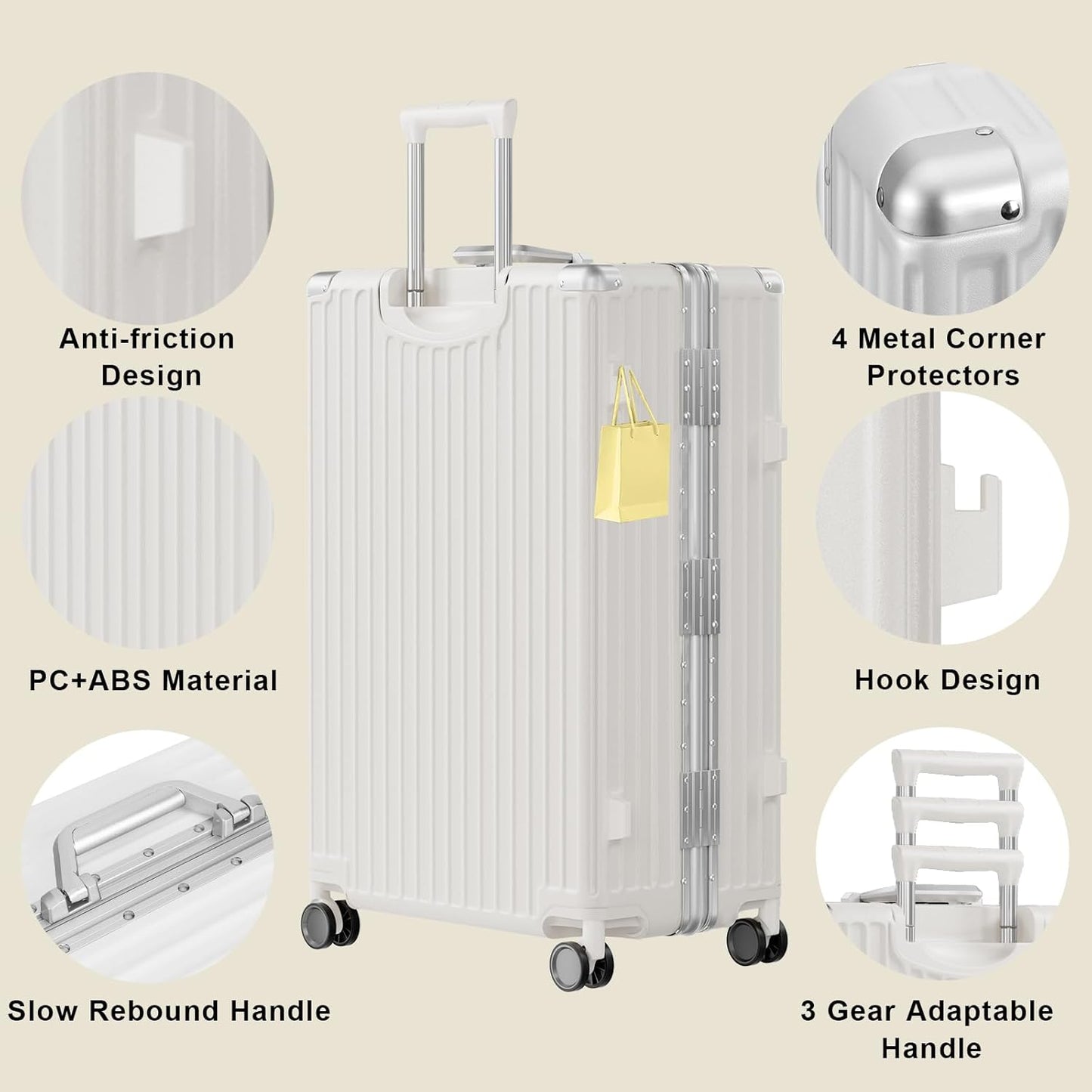 AnyZip Luggage PC+ABS Aluminum Frame Zipperless Checked Luggage Hard Shell Suitcase with TSA Lock Double Spinner Wheels 24 Inch White