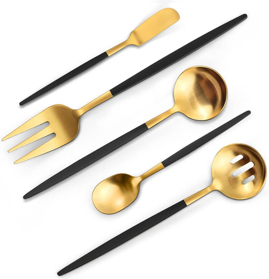 Matte Black Gold Serving Silverware Set, 5-Piece Round Shared Utensils Set of Stainless Steel, Hostess Flatware Serving Set, Satin Finish, Dishwasher Safe