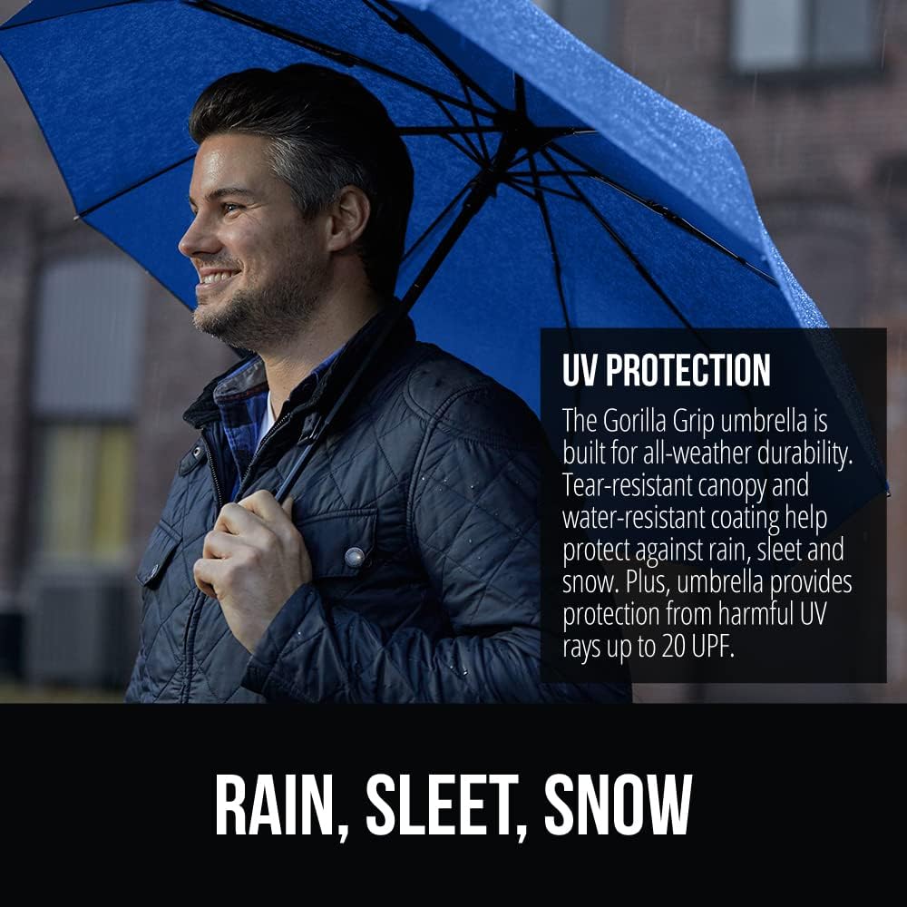 GORILLA GRIP Strong Stick Umbrella for Rain, Compact Travel One-Click Automatic Open Close, Lightweight, Portable, US Designed Reinforced Fiberglass Ribs, Wind Resistant, Easy Collapse, Navy