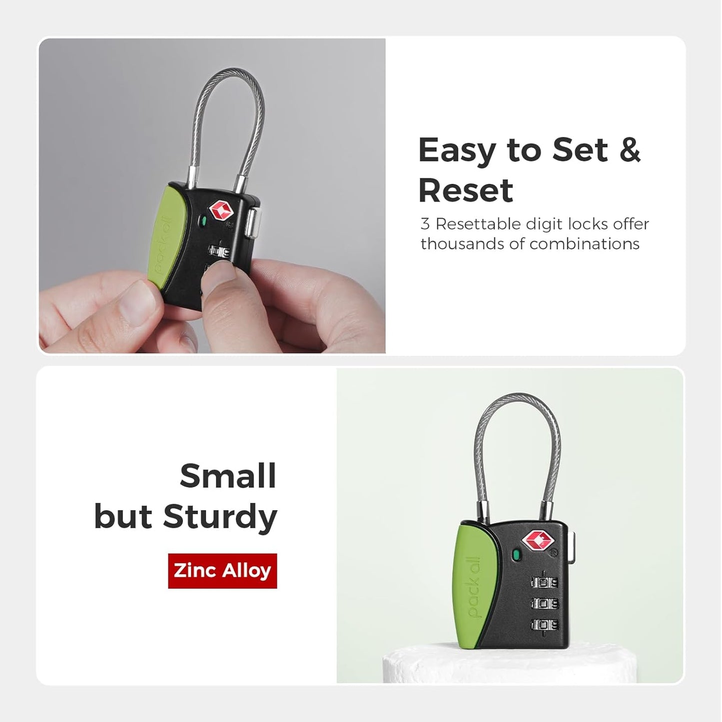 pack all TSA Approved Cable Luggage Locks, 3 Digit Combination Padlocks, Travel Lock for Suitcases & Bag, Alloy Body, Travel Accessories (4 Pack)（Apple Green）