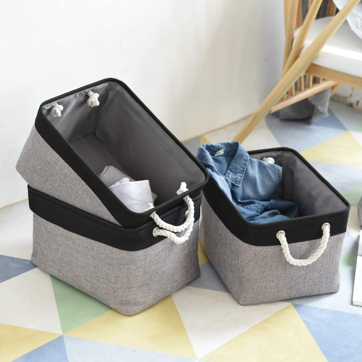 TheWarmHome Storage Basket for Organizing- 16x12x8 inch 1 Pack Fabric Storage Cubes, Bins for Organization for Shelves Organizer Gift Laundry Cloth Toy (Grey & Black)