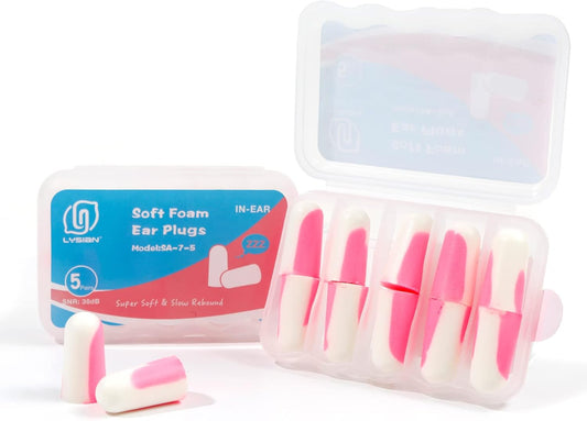 LYSIAN Ultra Soft Foam Ear Plugs for Sleeping Noise Cancelling -5 Pairs, 38dB Earplugs for Sleep, Work, Snoring and Shooting (Pink/White)