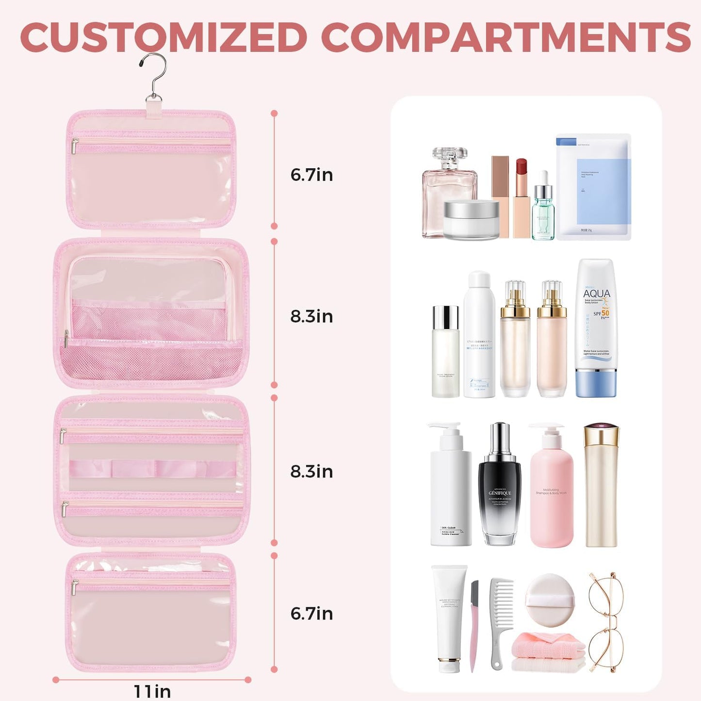 Toiletry Bag For women,Portable Hanging Organizer,4 Leakproof Compartment for full-sized Conditioner, Brushes Set, Makeup Accessories,Visible and easy to access.M-pink