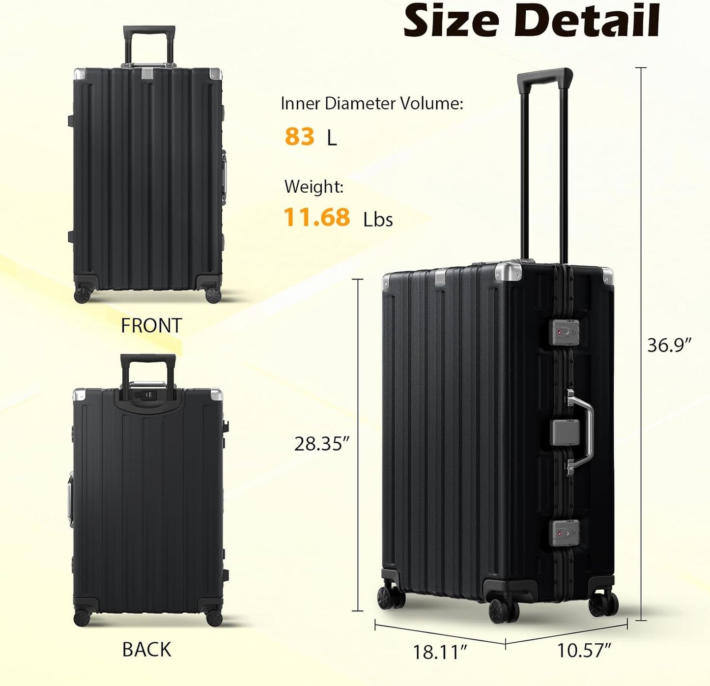 Krute Checked Aluminum Frame Suitcase 24 Inch Zipperless Luggages Hardside PC Luggage With Spinner Wheels TSA Lock USB Charger Suitcases(1 Piece)