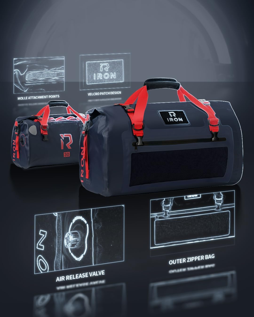 IRON JIA'S Motorcycle Dry Bag - Waterproof Duffle & Luggage Tail Bag Saddle Bags with Roll Top Closure, Shoulder Straps, Inner Pocket and Mesh Pocket (Navy Blue, 30L)