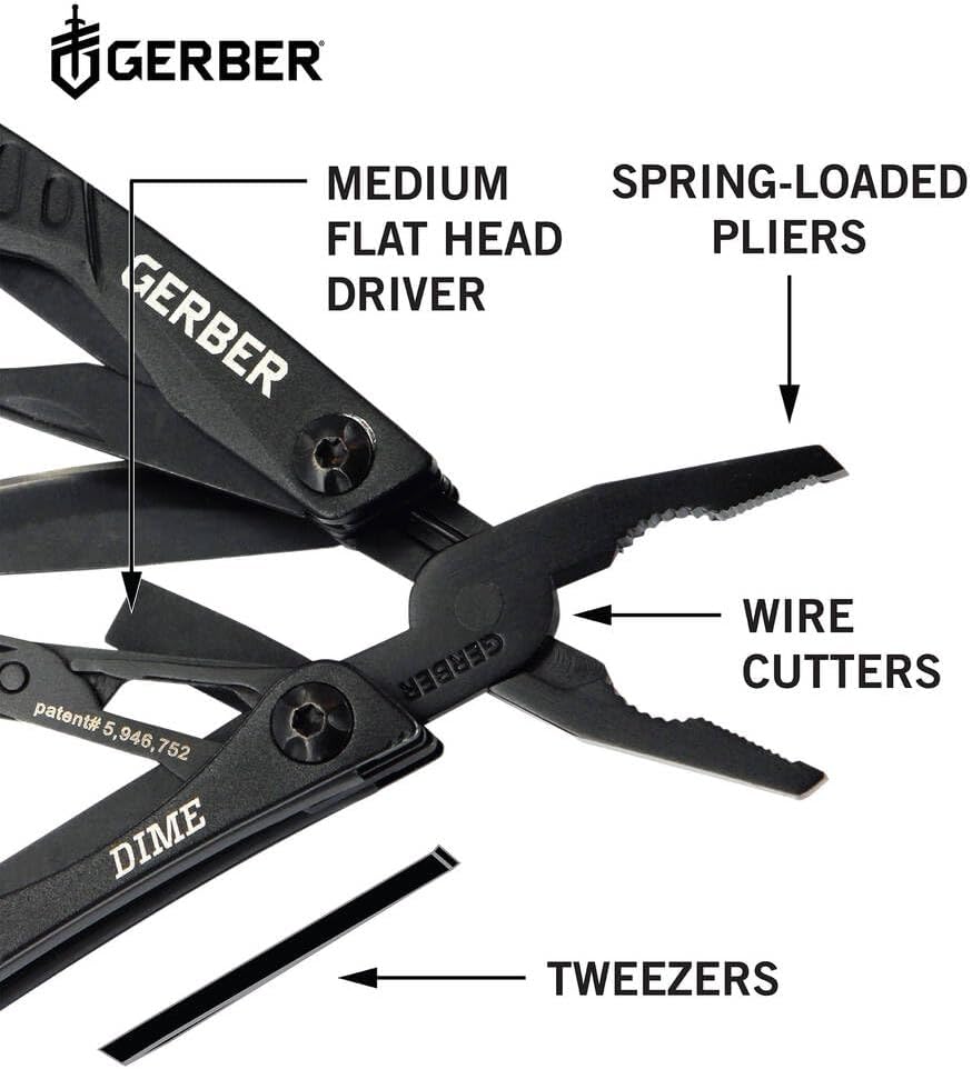 Gerber Gear Dime 12-in-1 Mini EDC Multitool - Needle Nose Pliers, Pocket Knife, Keychain, Bottle Opener - Gifts for Men, EDC Gear and Equipment - Black