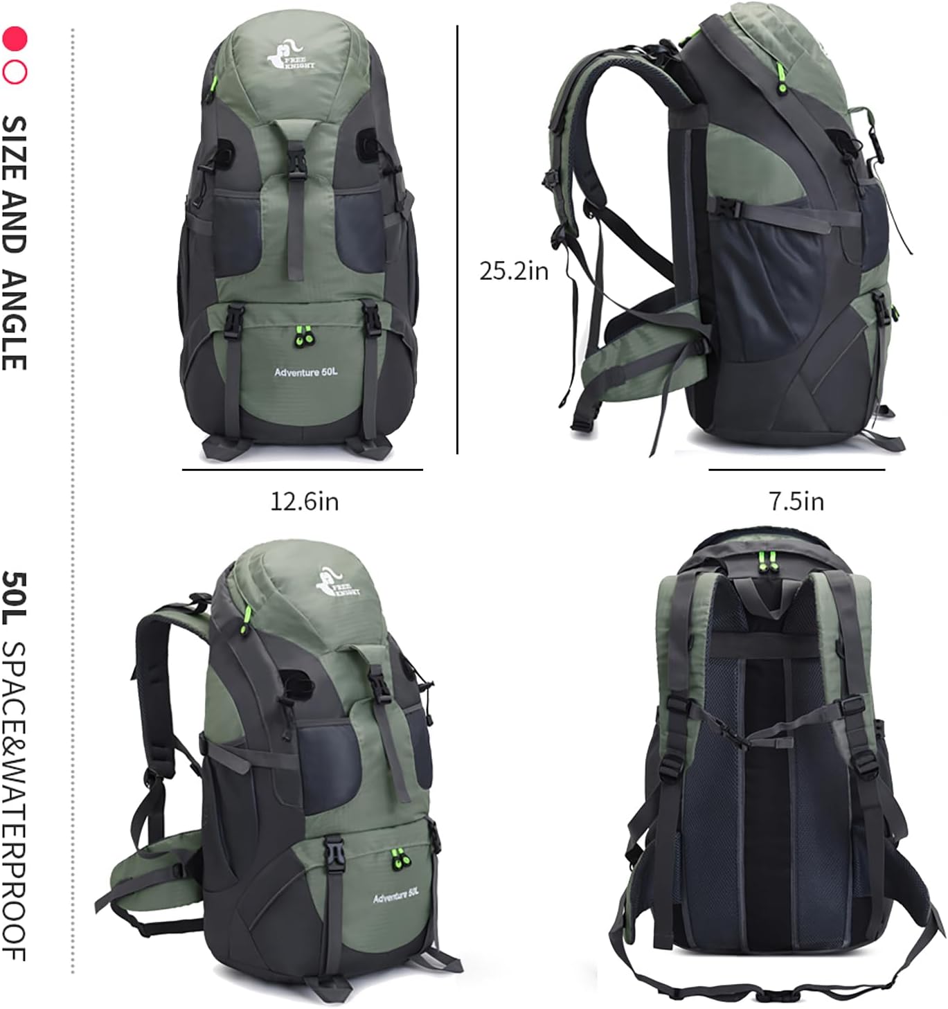 Bseash 50L Hiking Backpack, Water Resistant Lightweight Outdoor Sport Daypack Travel Bag for Camping Climbing Skiing Cycling (Army Green - With Shoe Compartment)