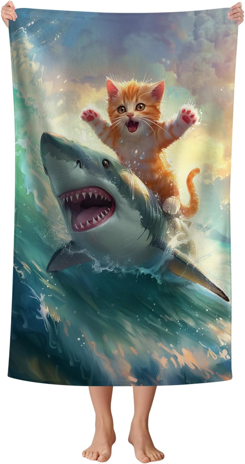 WZOMT Cute Cat Beach Towel, Microfiber Shark Beach Towel, Funny Cat Ride Shark Surfing Ocean Towels, Cats Towels for Cats Lovers, Quick Dry Kitten Kitty Bath Pool Towel, Oversized 32x52 Inch
