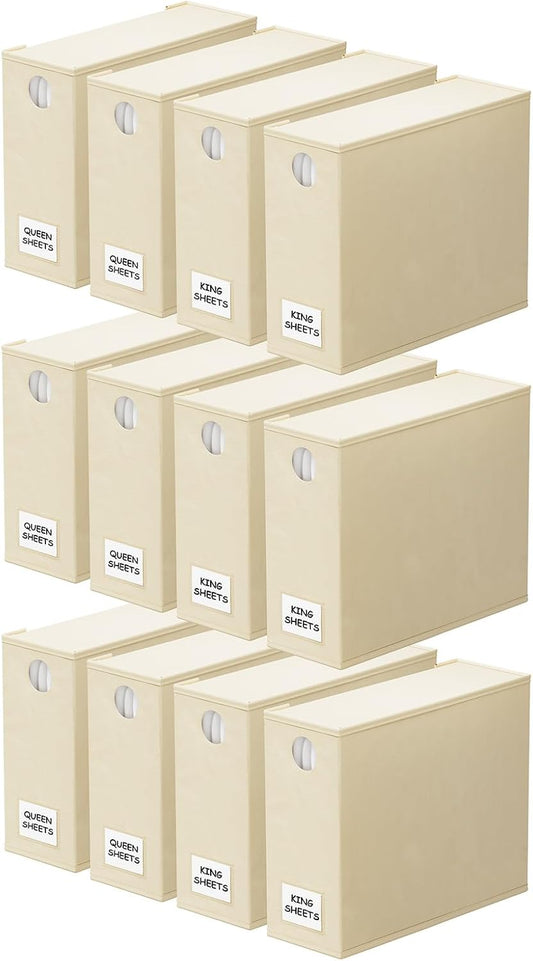 SpaceAid 12 Pack Bed Sheet Organizers and Storage, Foldable Organizer for Linen Closet, Set Folder Keeper With Window XL (Queen & King Size) Bedding Container (Beige)