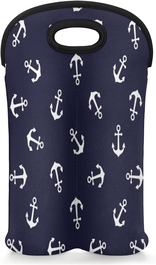 Nautical Anchors 2 Bottle Wine Carrier Tote Bag Insulated Wine Bottles Neoprene Bag with Secure Carry Handle Portable Wine Cooler Bag for Travel Picnic Beach