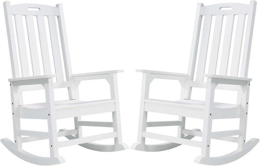 Psilvam Oversized Outdoor Rocking Chair Set of 2, Porch Rocker with 21" Wide Seat and 32" Tall Backrest, Pre-Assembled with Most Components for Effortless Installation (White)
