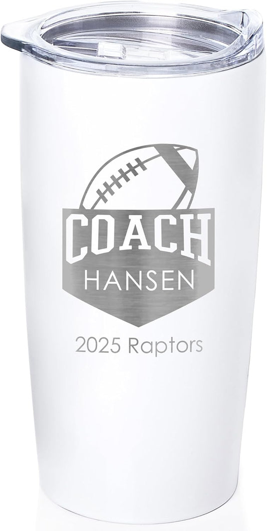 Lifetime Creations Personalized Football Coach Tumbler: Custom Football Coach Gift, Coaches Coffee Travel Mug from Team, Insulated Engraved Stainless Steel 20 Ounce Cup (White)