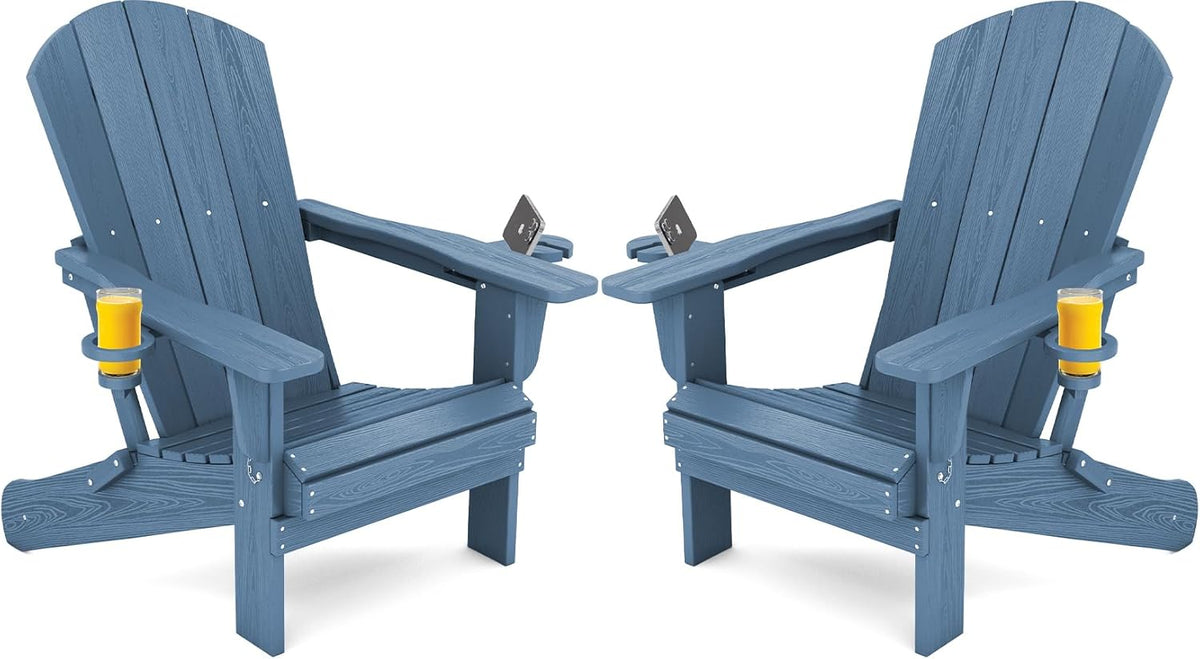 SERWALL Folding Adirondack Chair, HDPE Adirondack Chairs Set of 2, Plastic Outdoor Chairs- Looks Exactly Like Real Wood- Navy
