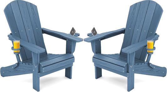 SERWALL Folding Adirondack Chair, HDPE Adirondack Chairs Set of 2, Plastic Outdoor Chairs- Looks Exactly Like Real Wood- Navy