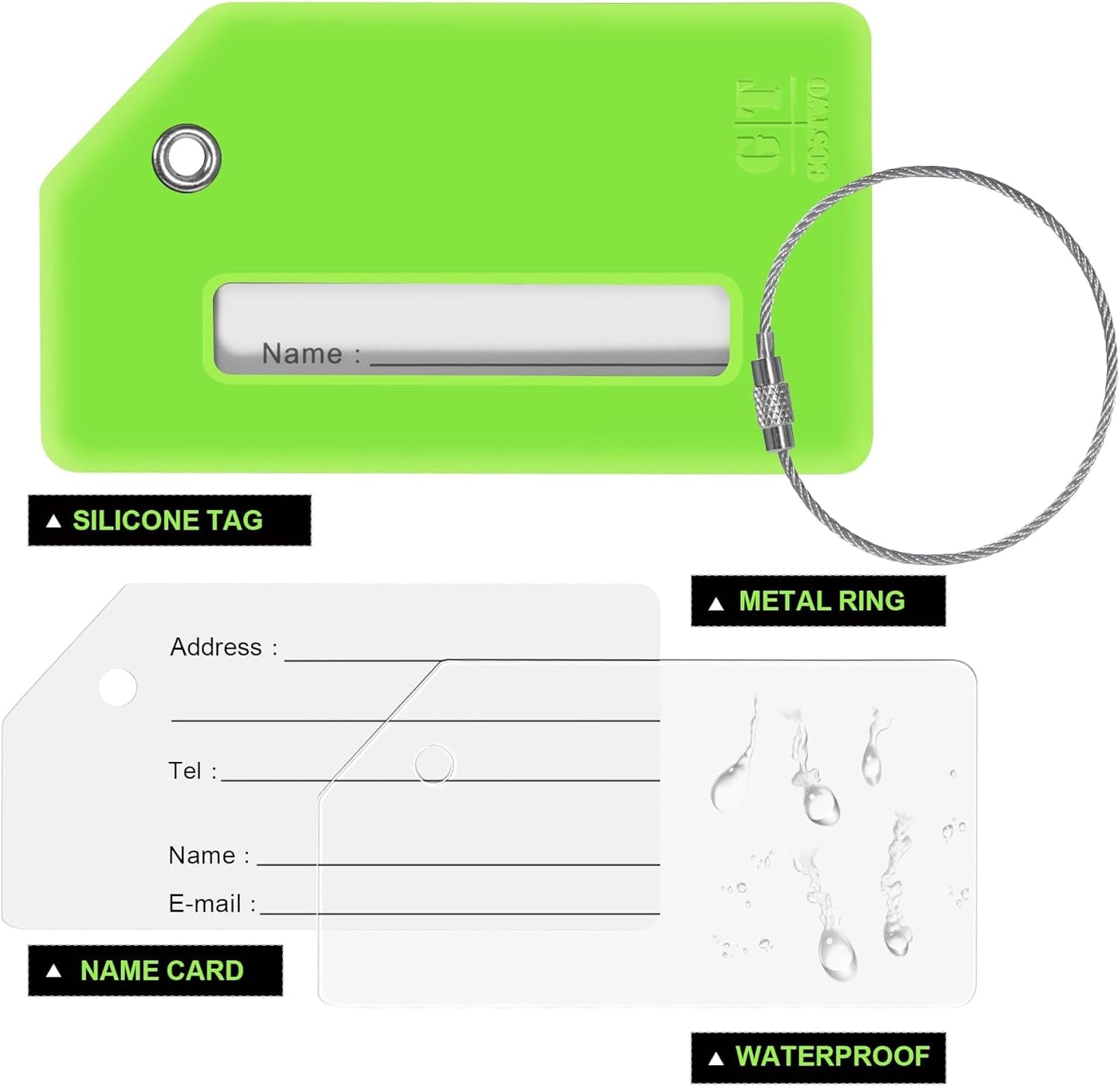 8 Pcs Luggage Tags for Suitcases, 26 Initial Letter Travel Luggage Baggage Identification Labels ID Tags Fully Bendable Tags with Stainless Steel Loop (Letter F, Green)