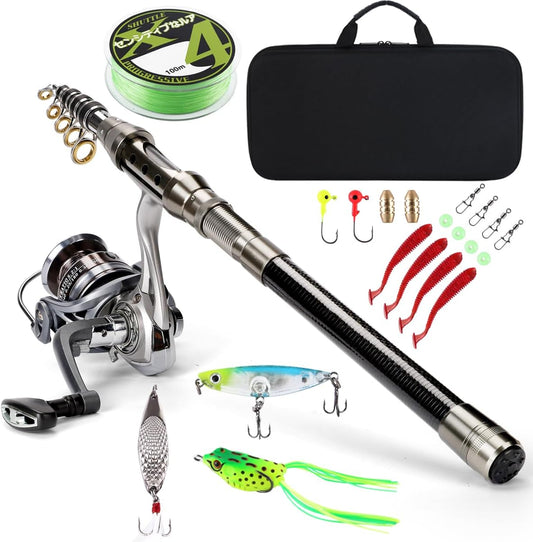 Fishing Rod Telescopic Carbon Fiber Rod Combo with Spinning Reel Portable Tackle Case Fishing Line Artificial Baits and Hooks for Travel Saltwater Freshwater Fishing