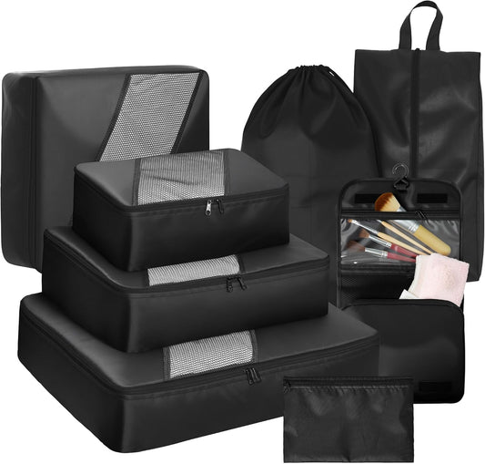 WVM Packing Cubes for Travel, 8 Set Luggage Organizer Bags with Shoe Bag, Toiletry Bag & Laundry Bag, Travel Accessories Essentials Packing Organizer, Black