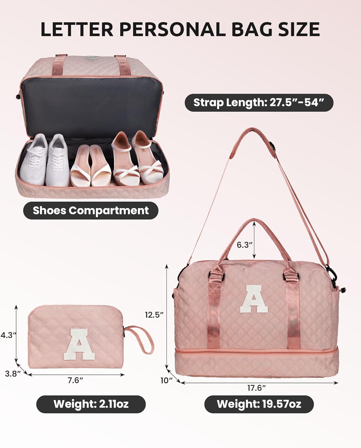 Birthday Gifts for Women-Initial Duffle Bag with Shoe Compartment, Personalized Weekender Bag, Monogram Overnight Bag, Letter Travel Bag with Makeup Bag，Preppy Gifts for Girl (Letter V)