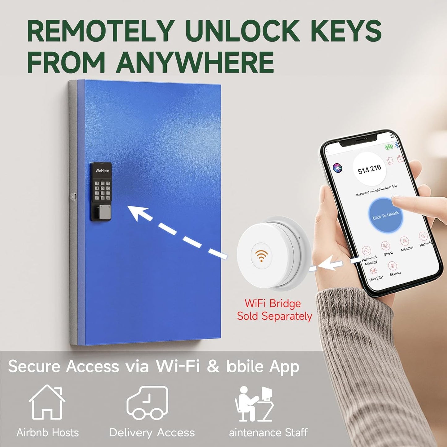 WeHere 96 Key Lock Box Wall Mount, APP Bluetooth/OTP/Wi-Fi Remote/Fixed Code/Key Unlock, Smart Key Cabinet Organizer Holder Box, Key Management Directory for Apartment, Hotel, Office, House