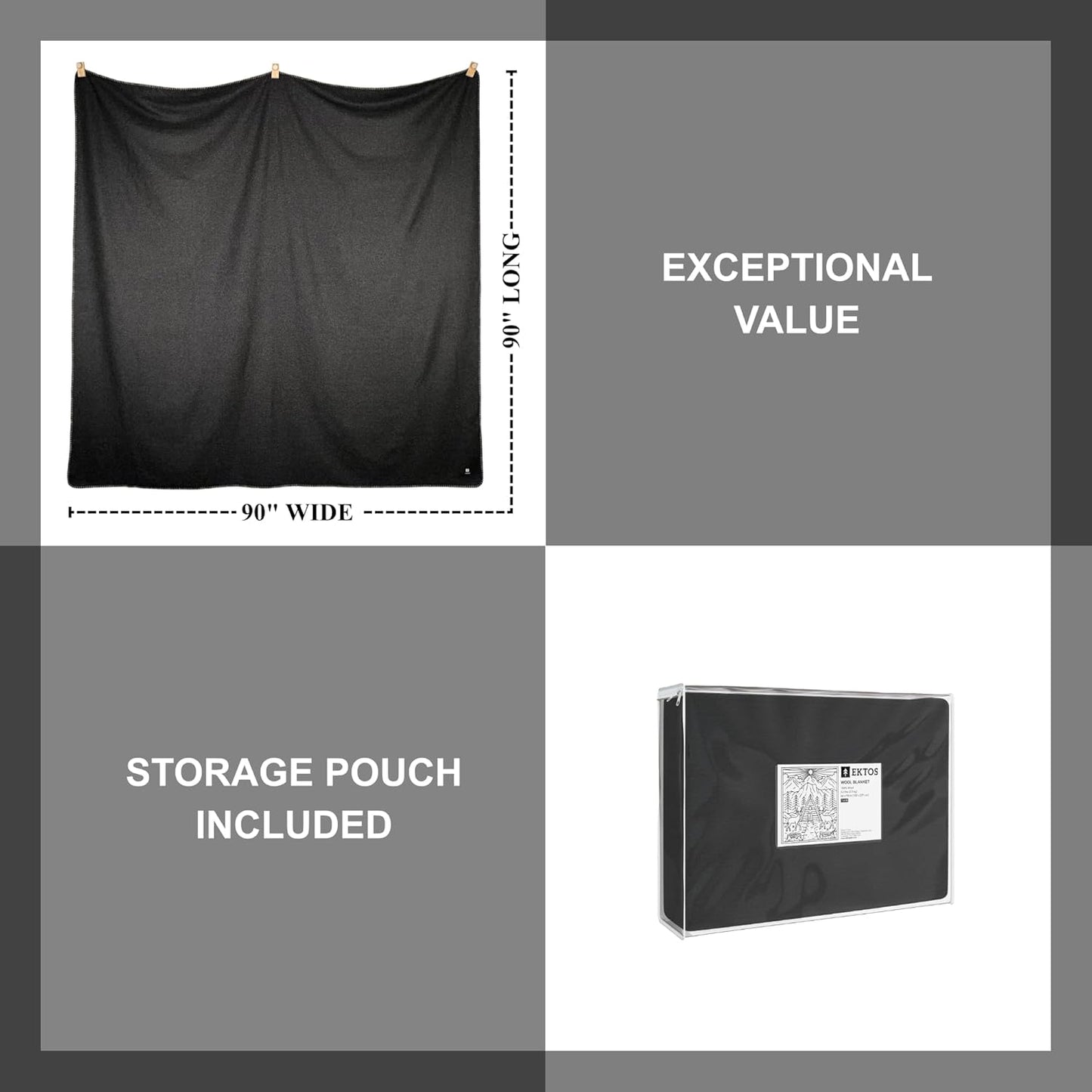 EKTOS 100% Virgin Wool Blanket, 90" x 90", 100 Percent Woolen, Washable Pure Wool (Charcoal, Queen Size)