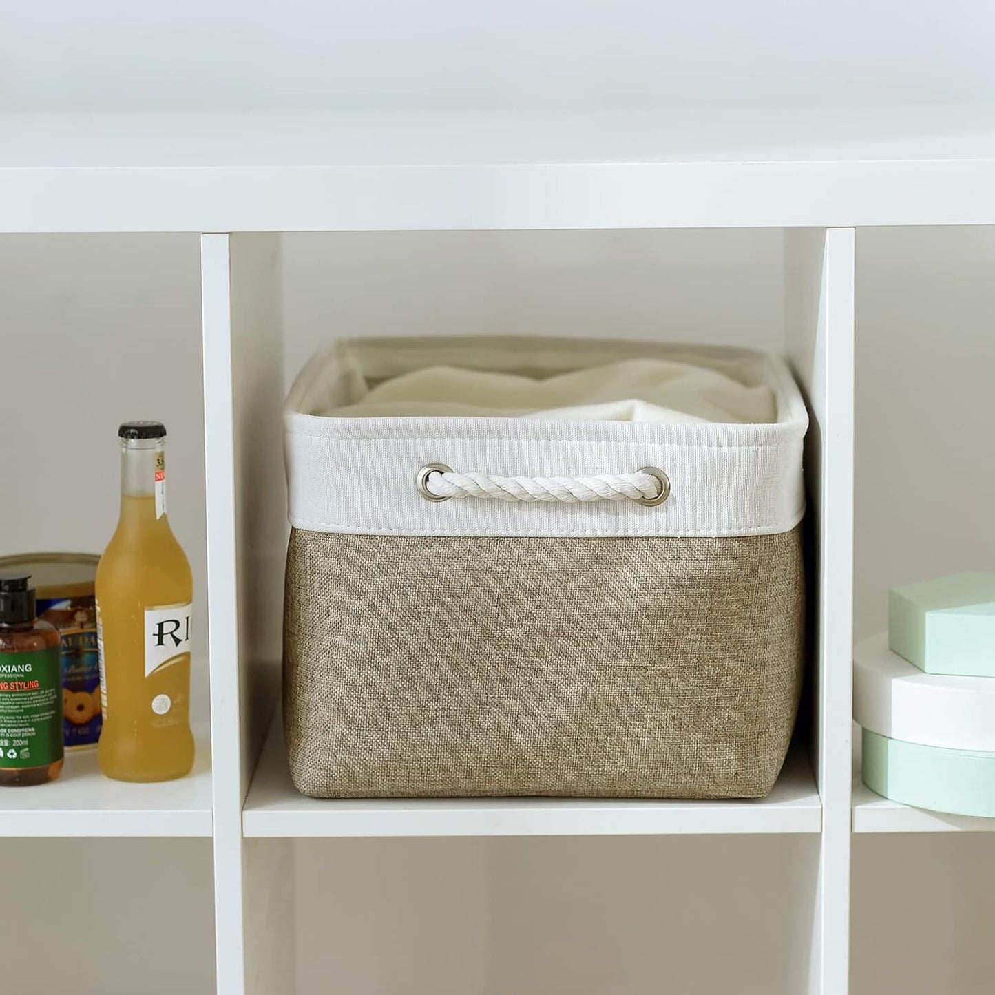 TheWarmHome Storage Basket for Organizing - 16x12x8 inch Large 3 Pack Collapsible Storage Bin for Shelves with Handles, Fabric Storage Cubes for Organizer Cloth Gift Toy Closet (Whiet & Khaki)