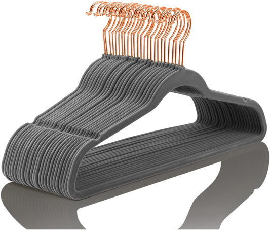 MIZGI Premium Velvet Hangers (50 Pack) Heavy Duty Non Slip Felt Hangers Gray,Rose Gold 360 Degree Swivel Hooks,Space Saving Clothes Hanger,Durable Strong Hanger for Suits,Coats,Pants & Dress