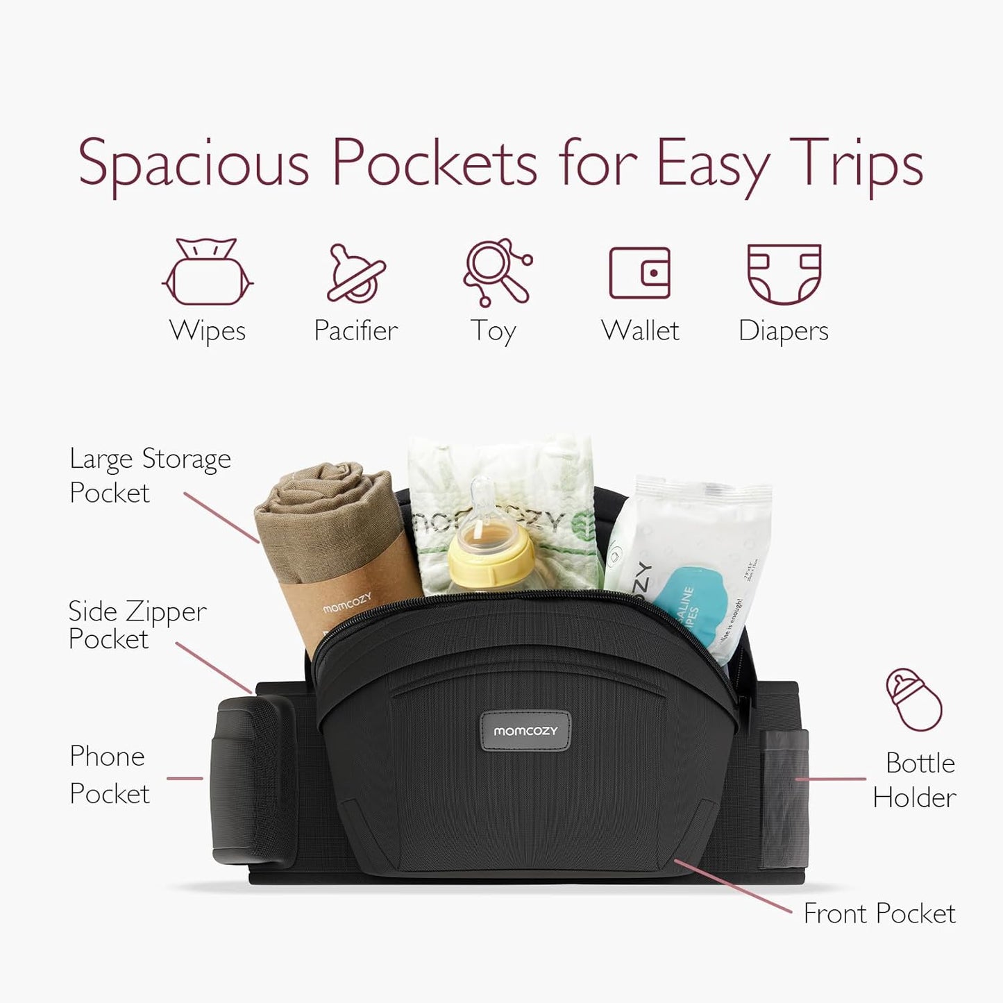 Momcozy Hip Seat Baby Carrier - Adjustable Waistband with Original 3D Belly Protector, Ergonomic Carrier with Various Pockets for Newborns & Toddlers up to 45lbs (Black, Medium)