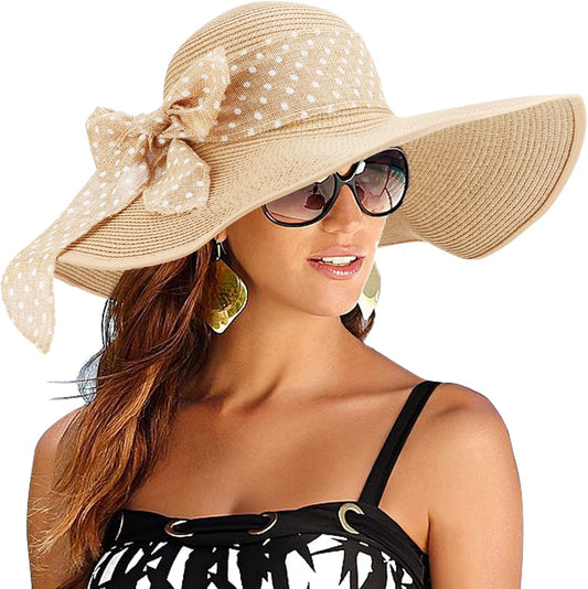 DRESHOW Beach Hats for Women Big Straw Wide Brim Summer Hat Floppy Foldable Roll up Cap Sun Hat UPF 50+
