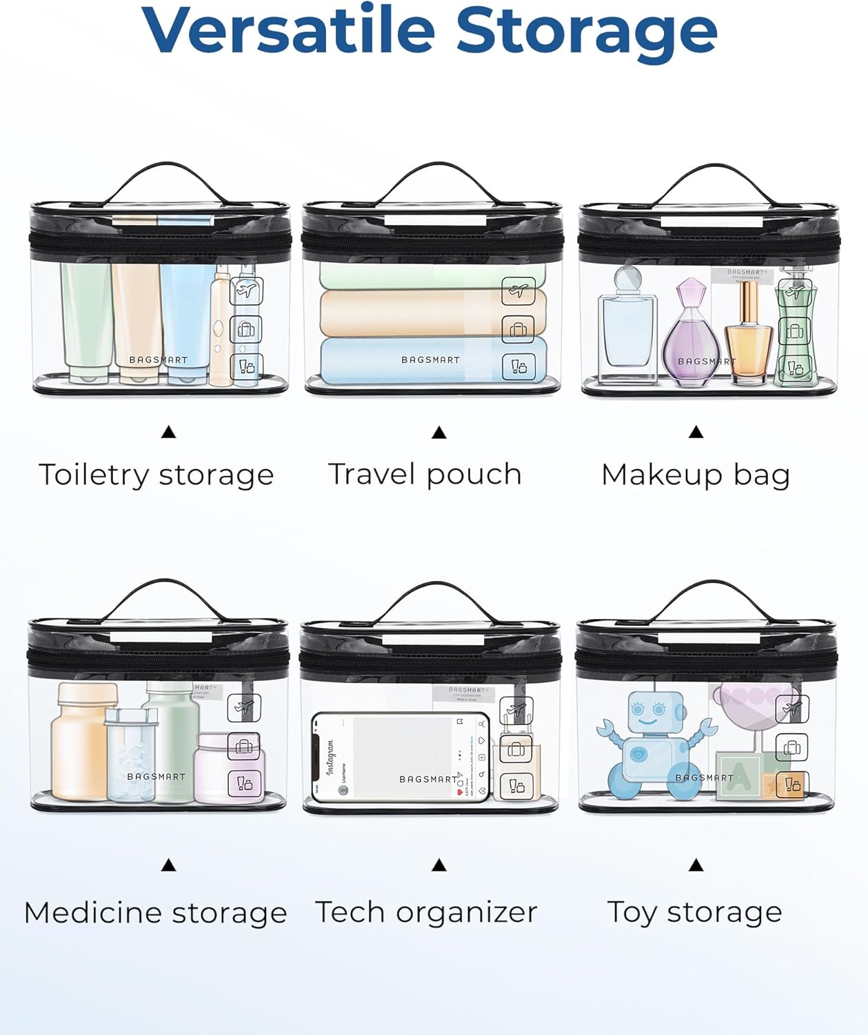 BAGSMART TSA Approved Toiletry Bag, 2 Pack Clear Makeup Cosmetic Bag Organizer, Quart Size Travel Bag for Toiletries, Carry-on Travel Accessories Essentials, Black-2pcs