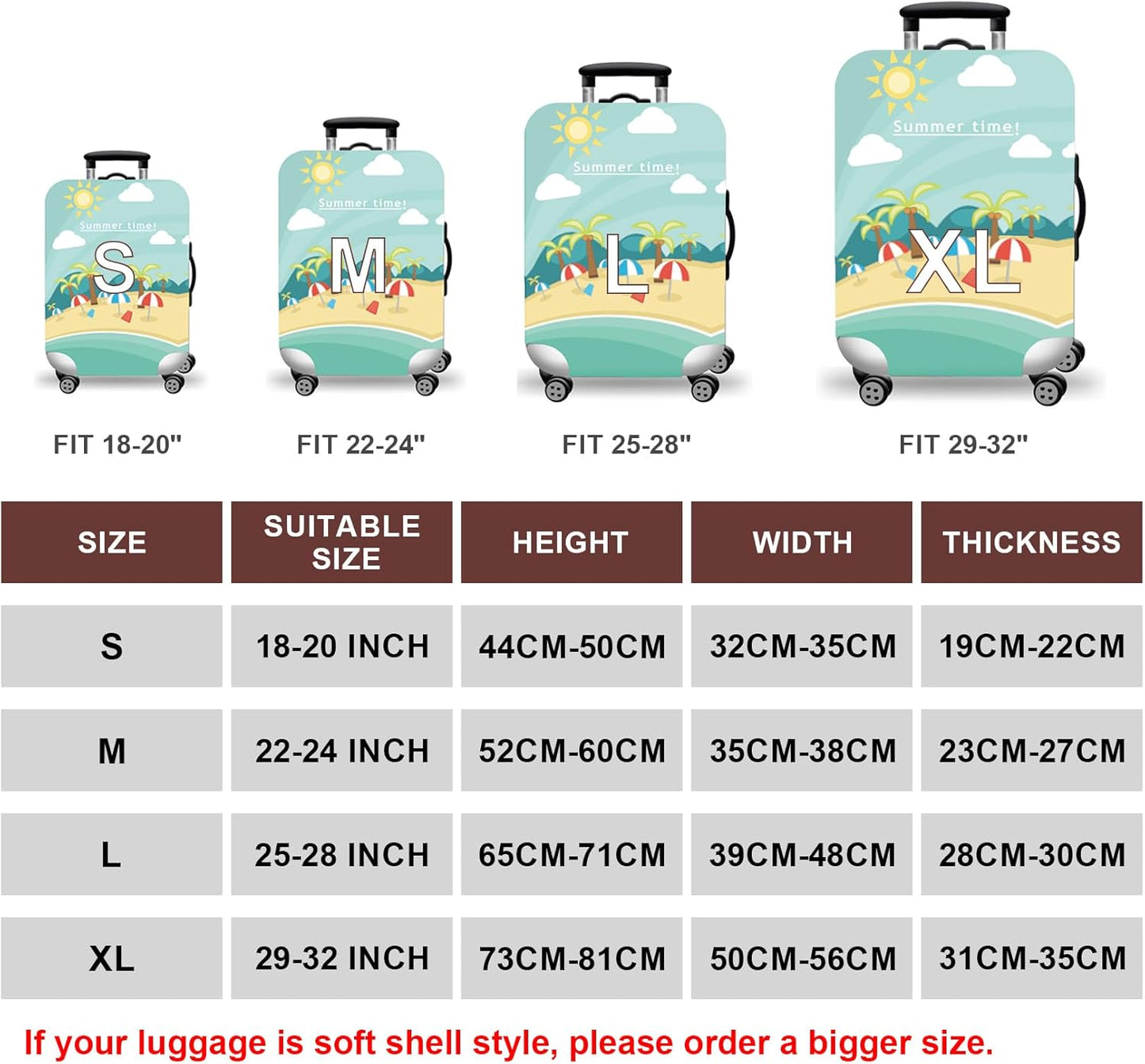 WUJIAONIAO Travel Luggage Cover Baggage Suitcase Cover Protector Skins 18-32 Inch (Beach, L (for 25-28 inch luggage))