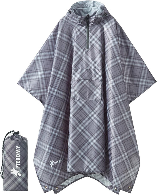 PTEROMY Hooded Rain Poncho for Adult with Pocket, Waterproof Lightweight Unisex Raincoat for Hiking Camping Emergency