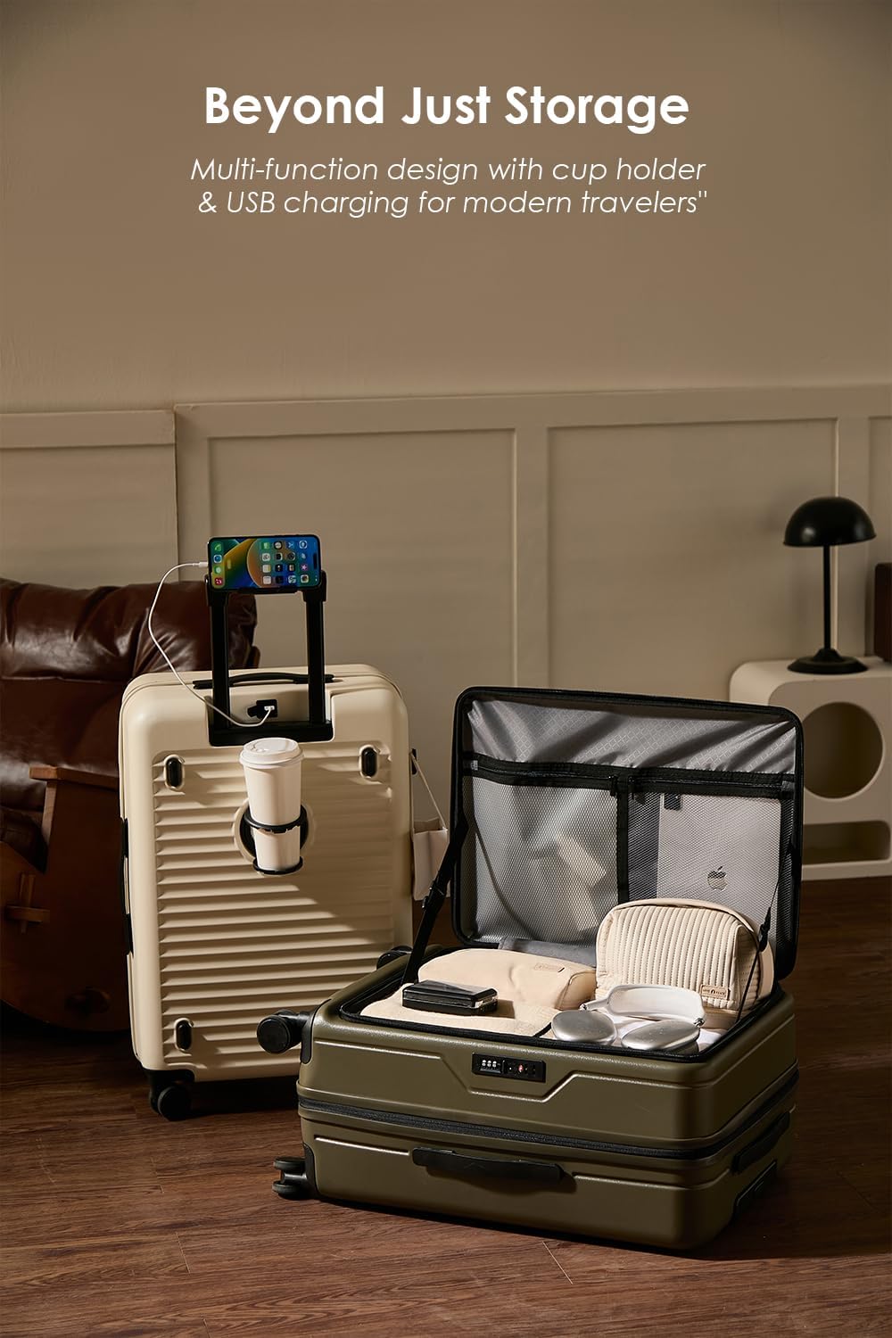 HotWay 28 Inch Expandable Front Opening Checked Luggage with Cup Phone Holder and USB Port, Lightweight Hardshell Suitcase with Wheels and TSA Aproved Locks