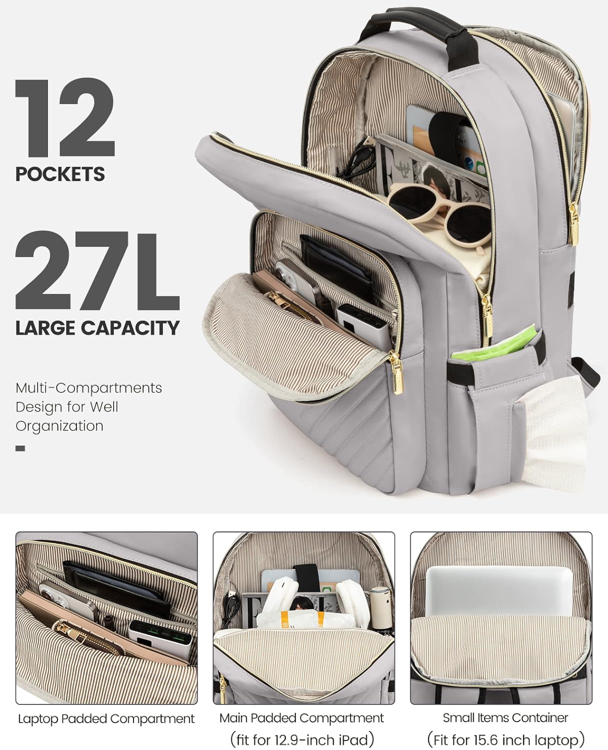LOVEVOOK Laptop Backpack Purse for Women, Work Travel Computer Bags, College School Backpack for Student Girl, Quilted Casual Daypack with USB Port, Fit 15.6 Inch Laptop, Grey