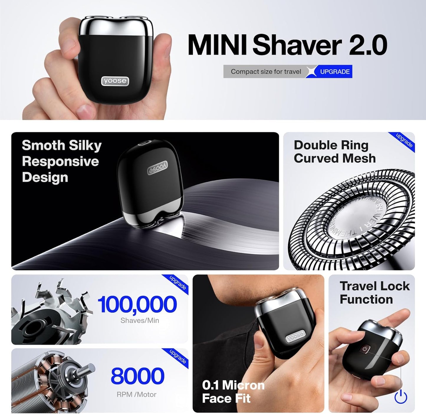 yoose Mini Electric Shaver, Alloy Portable Travel Shavers, Cordless Shaving, USB-C Rechargeable Electric Razor for Men, Dry Shave, IPX7 Waterproof, Detachable Head, Easy Cleaning, Black