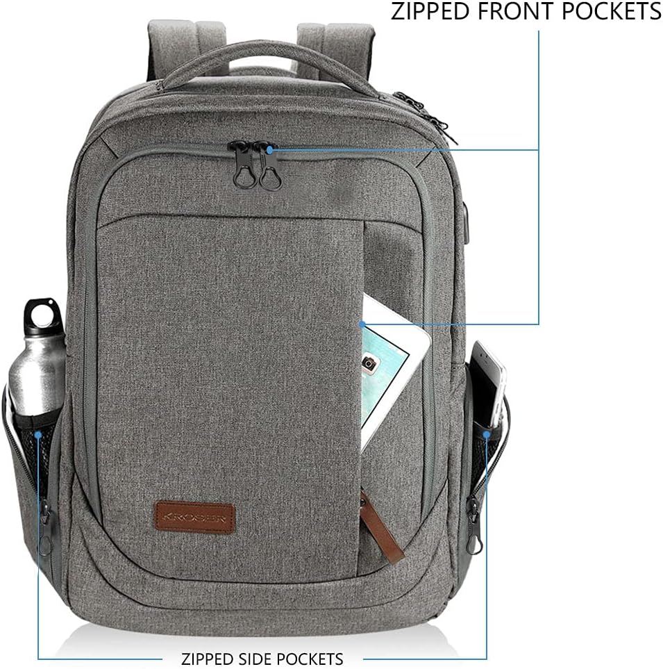 KROSER Laptop Backpack Large Computer Backpack Fits up to 17.3 Inch Laptop with USB Charging Port Water-Repellent Casual Daypack for Travel/Business/College/Women/Men-Grey