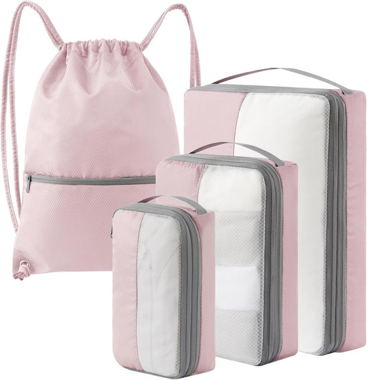 4 Set Compression Packing Cubes for Travel, Bonus Versatile Drawstring Backpack, Lightweight Luggage Organizer Bags, Sturdy Travel Accessories for Suitcase, Pink
