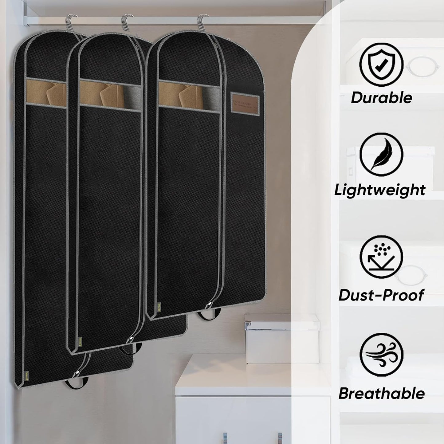 BALEINE 2PK Heavy Duty Garment Bag with Shoe Storage Travel Bag for Dresses, Suit, Coats Travel Essential (43", Black)