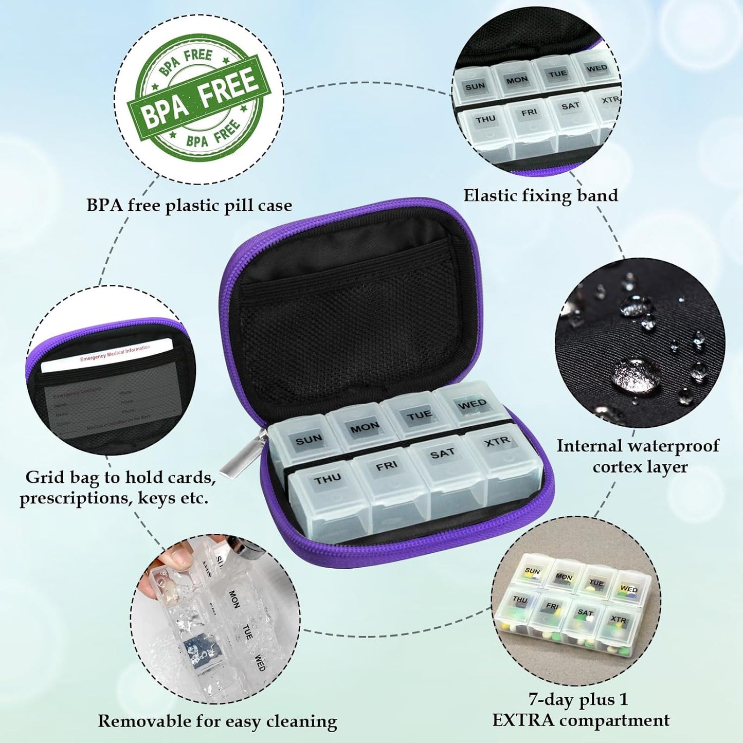 Serfeymi Weekly Travel Pill Organizer Pill Case for Purse with Removable 7 Day Pill Box, Fashionable Travel Medicine Organizer Pill Container for Medicine, Vitamin, Supplement - Black 01 + Purple 01
